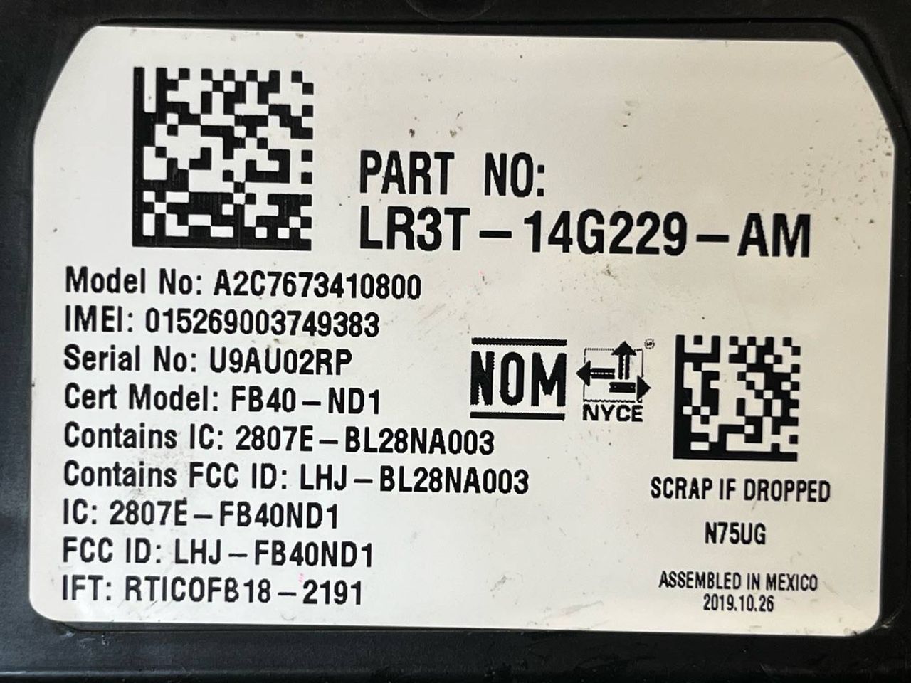 блок Bluetooth Ford Mustang 6 поколение S550 [рестайлинг] 2020, 2.3 л., бензин, АКПП, белый, кабриолет, задний привод, LR3T-14G229-AM